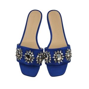 VERONICA BEARD Maggie Jeweled Flat Slide Sandals In Blue Satin